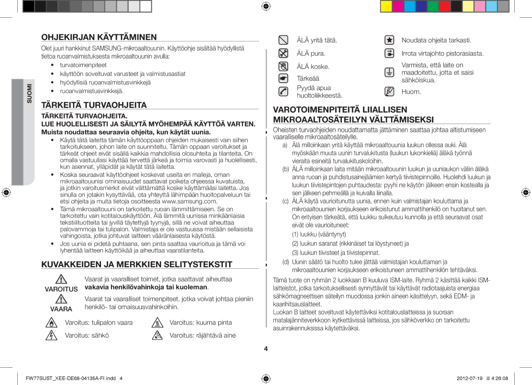 Samsung FW77SUW/XEE, FW77SUST/XEE Ohjekirjan Käyttäminen, Tärkeitä Turvaohjeita, Kuvakkeiden JA Merkkien Selitystekstit 