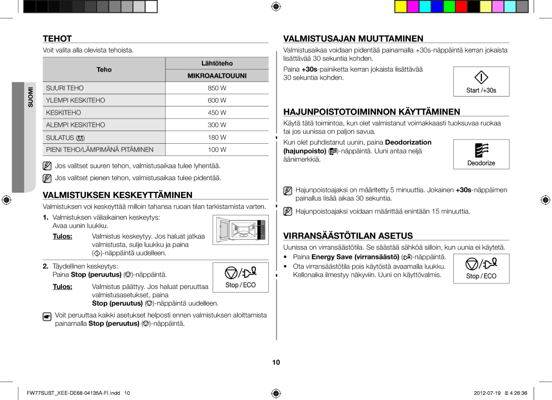 Samsung FW77SUW/XEE manual Tehot, Valmistuksen Keskeyttäminen, Valmistusajan Muuttaminen, Hajunpoistotoiminnon Käyttäminen 