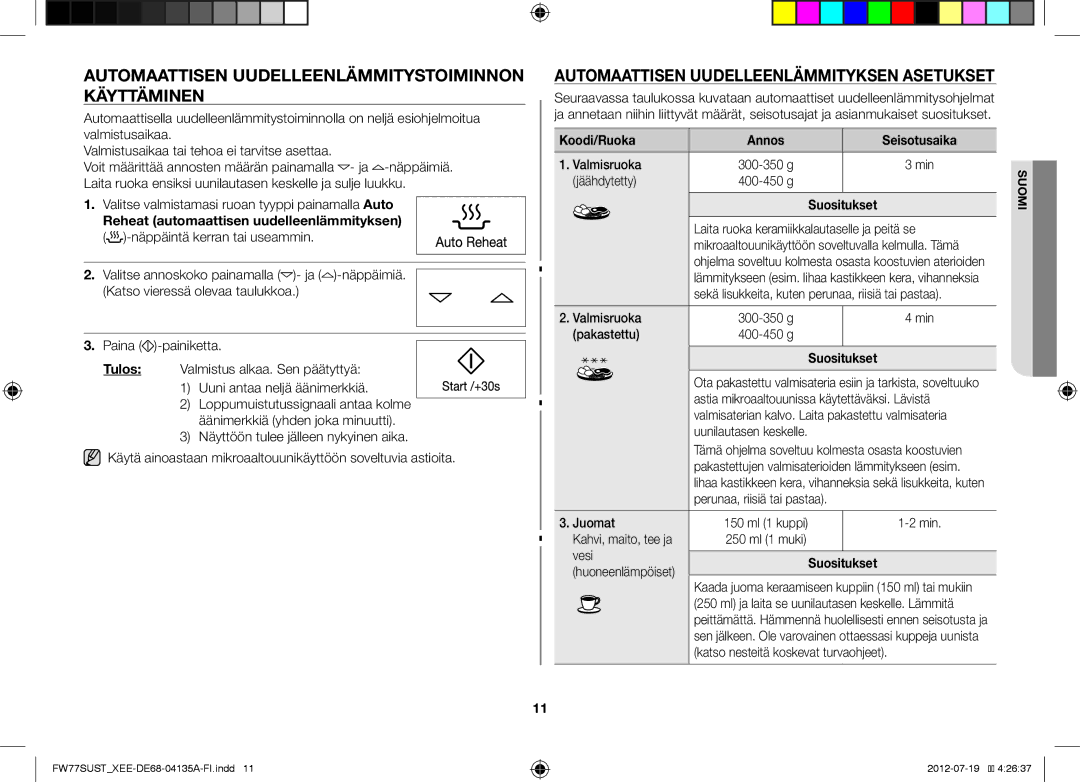 Samsung FW77SUST/XEE, FW77SUB/XEE, FW77SUW/XEE manual Automaattisen Uudelleenlämmitystoiminnon Käyttäminen, Koodi/Ruoka 