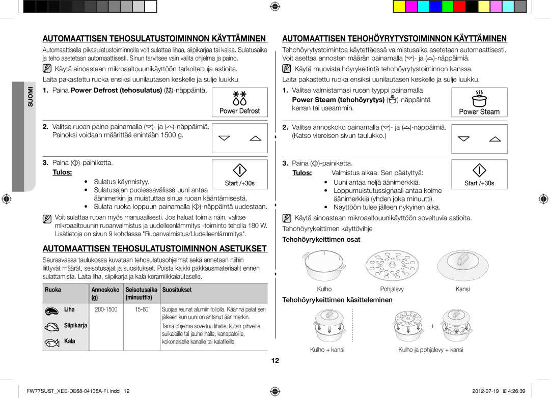 Samsung FW77SUB/XEE manual Automaattisen Tehohöyrytystoiminnon Käyttäminen, Paina Power Defrost tehosulatus -näppäintä 