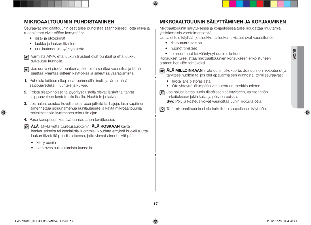 Samsung FW77SUST/XEE, FW77SUB/XEE, FW77SUW/XEE Mikroaaltouunin Puhdistaminen, Mikroaaltouunin Säilyttäminen JA Korjaaminen 