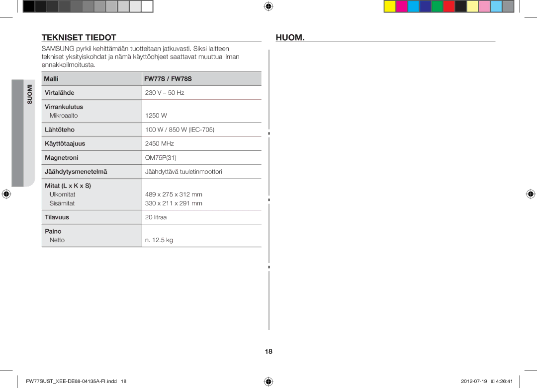 Samsung FW77SUB/XEE, FW77SUST/XEE, FW77SUW/XEE manual Tekniset Tiedothuom, Malli FW77S / FW78S 