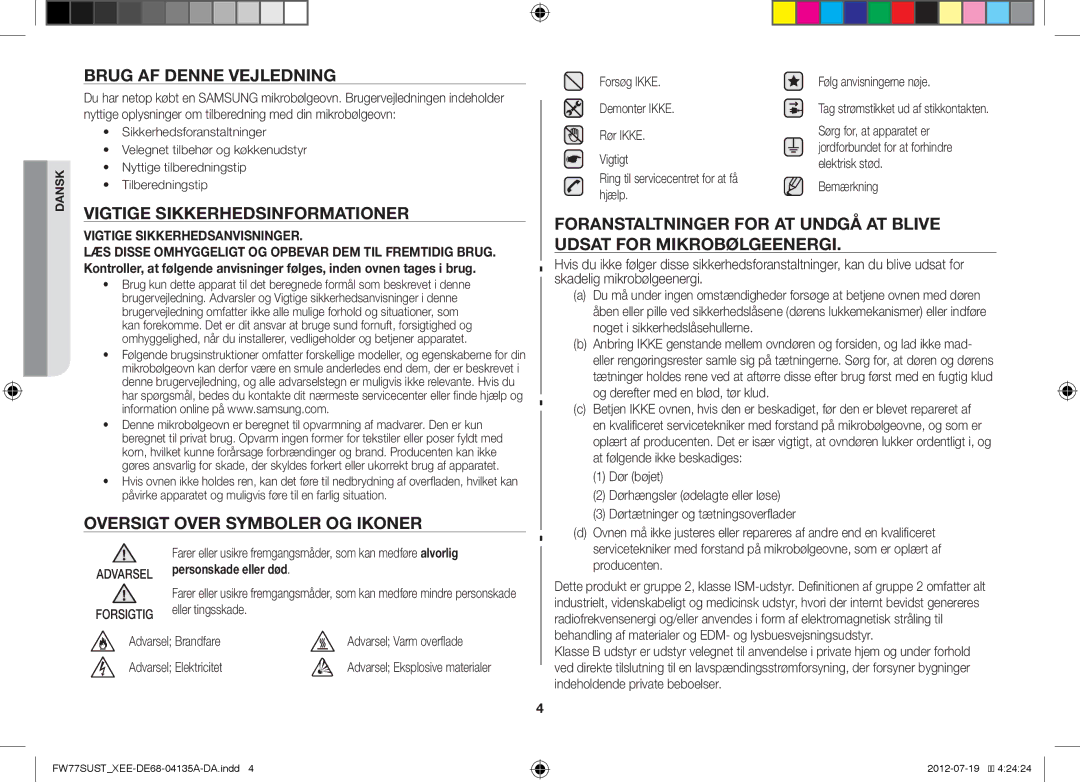 Samsung FW77SUB/XEE manual Brug AF Denne Vejledning, Vigtige Sikkerhedsinformationer, Oversigt Over Symboler OG Ikoner 