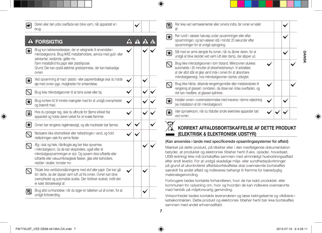 Samsung FW77SUB/XEE, FW77SUST/XEE, FW77SUW/XEE manual Forsigtig 