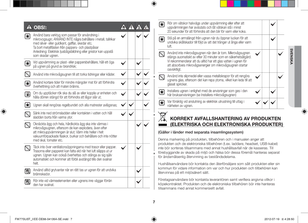 Samsung FW77SUB/XEE, FW77SUST/XEE, FW77SUW/XEE manual Använd inte mikrovågsugnen när den är tom. Mikrovågsugnen 