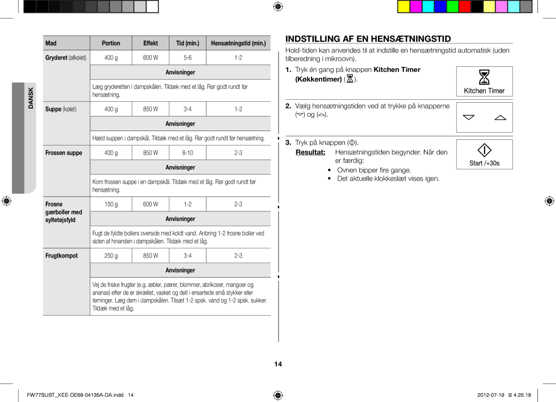 Samsung FW77SUW/XEE Indstilling AF EN Hensætningstid, Køkkentimer, Mad Portion, Anvisninger Syltetøjsfyld, Frugtkompot 