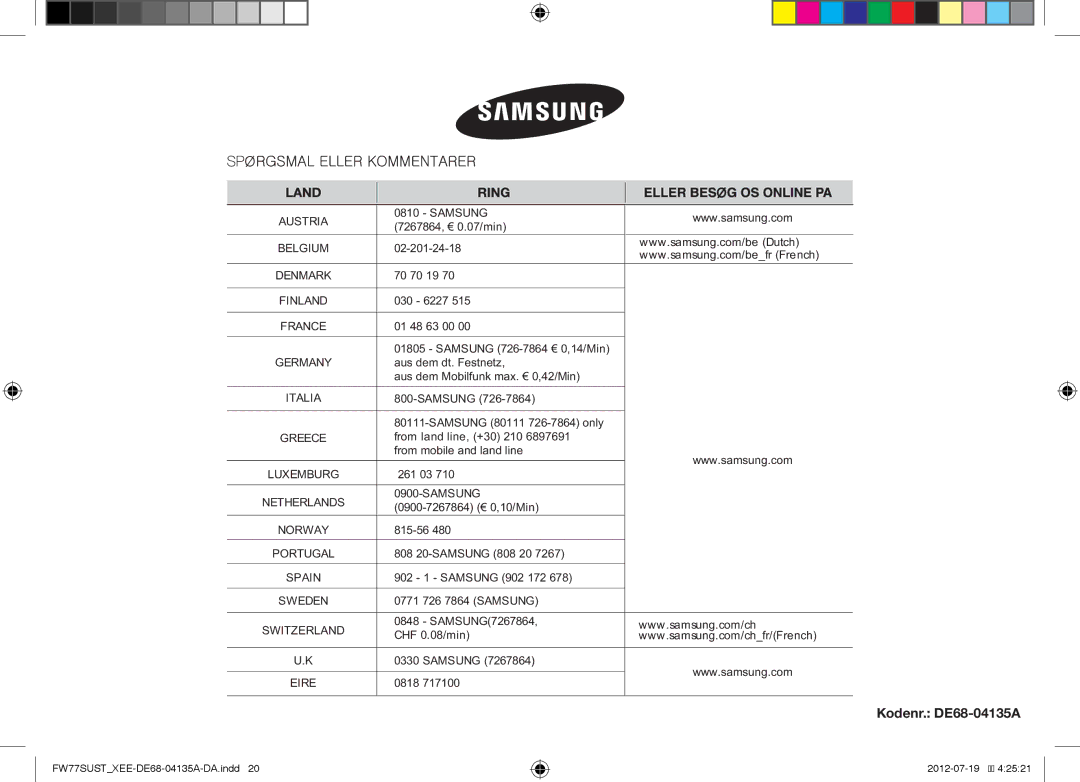 Samsung FW77SUW/XEE, FW77SUST/XEE, FW77SUB/XEE manual Kodenr. DE68-04135A 