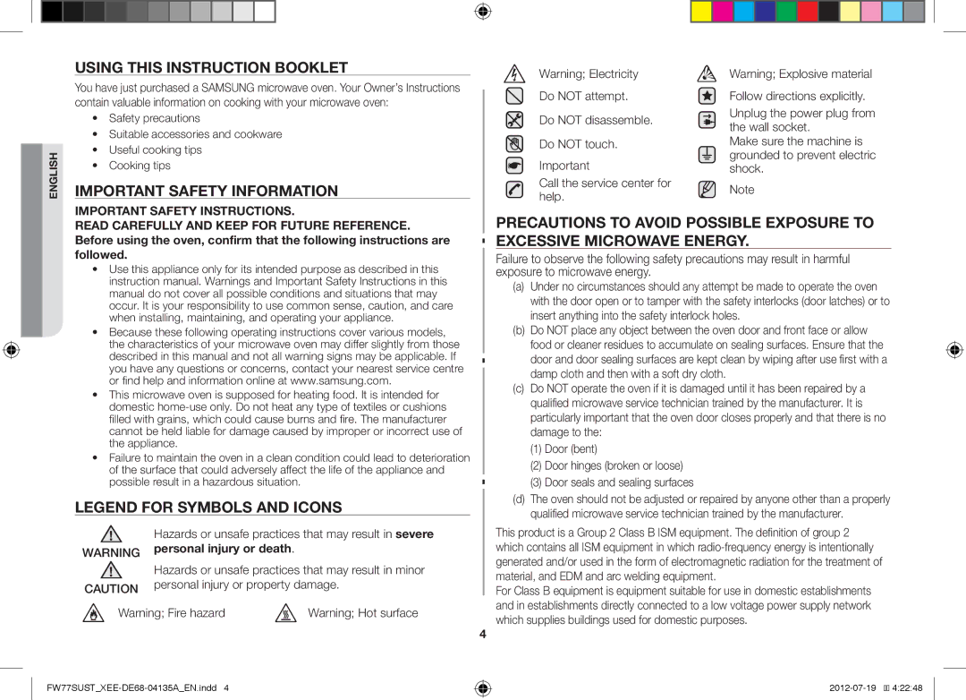 Samsung FW77SUST/XEE Using this Instruction Booklet, Important Safety Information, Personal injury or property damage 