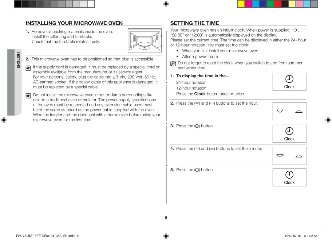 Samsung FW77SUB/XEE, FW77SUST/XEE, FW77SUW/XEE manual Installing Your Microwave Oven, Setting the Time, To display the time 