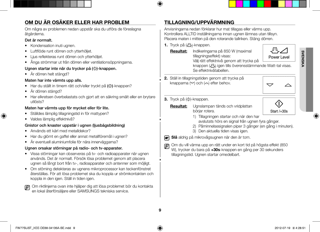 Samsung FW77SUST/XEE, FW77SUB/XEE, FW77SUW/XEE manual OM DU ÄR Osäker Eller HAR Problem, Tillagning/Uppvärmning 