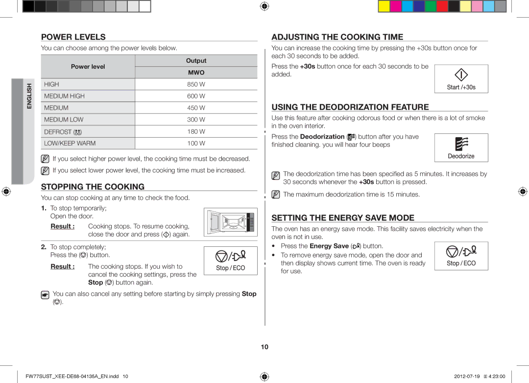 Samsung FW77SUST/XEE manual Power Levels, Stopping the Cooking, Adjusting the Cooking Time, Using the Deodorization Feature 