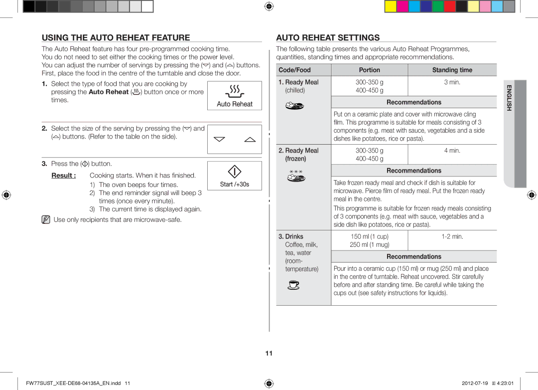 Samsung FW77SUB/XEE, FW77SUST/XEE manual Using the Auto Reheat Feature, Auto Reheat Settings, Code/Food, Recommendations 