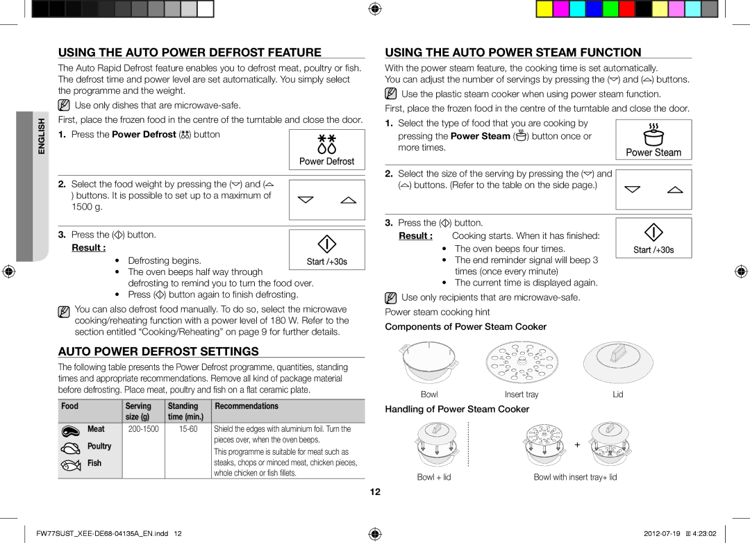 Samsung FW77SUW/XEE Using the Auto Power Defrost Feature, Auto Power Defrost Settings, Using the Auto Power Steam Function 