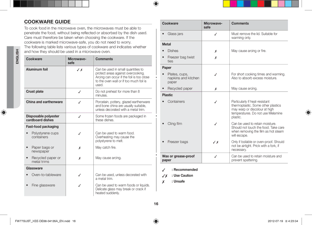 Samsung FW77SUST/XEE, FW77SUB/XEE, FW77SUW/XEE manual Cookware Guide 