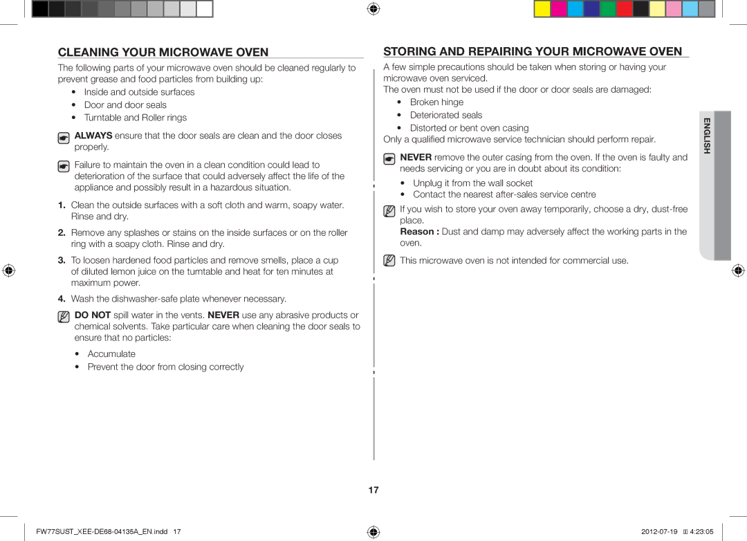 Samsung FW77SUB/XEE, FW77SUST/XEE, FW77SUW/XEE manual Cleaning Your Microwave Oven, Storing and Repairing Your Microwave Oven 