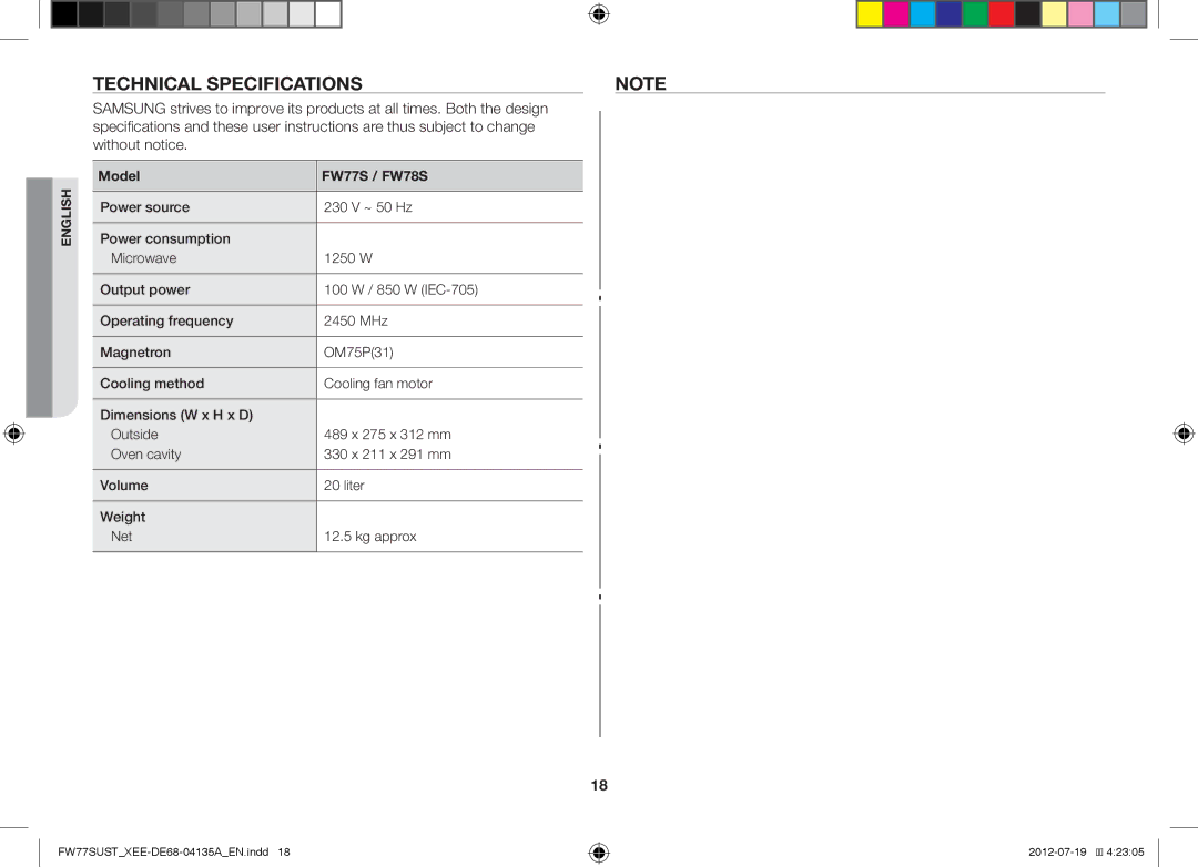 Samsung FW77SUW/XEE, FW77SUST/XEE, FW77SUB/XEE manual Technical Specifications, Are thus subject to change Without notice 