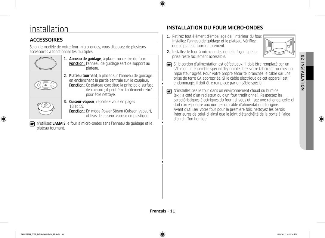 Samsung FW77SUB/XEF, FW77SUST/XEF manual Accessoires, Installation DU Four MICRO-ONDES, Plateau 