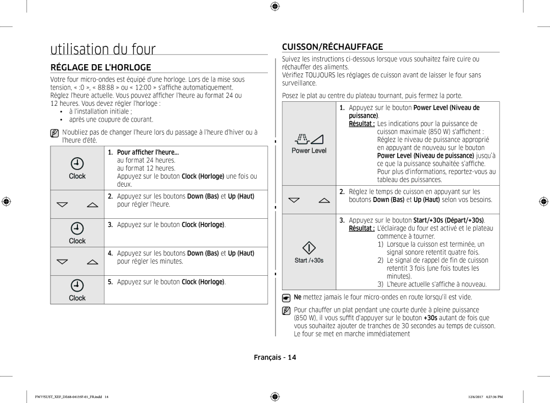 Samsung FW77SUST/XEF, FW77SUB/XEF manual Utilisation du four, Réglage DE Lhorloge, Cuisson/Réchauffage, Commence à tourner 