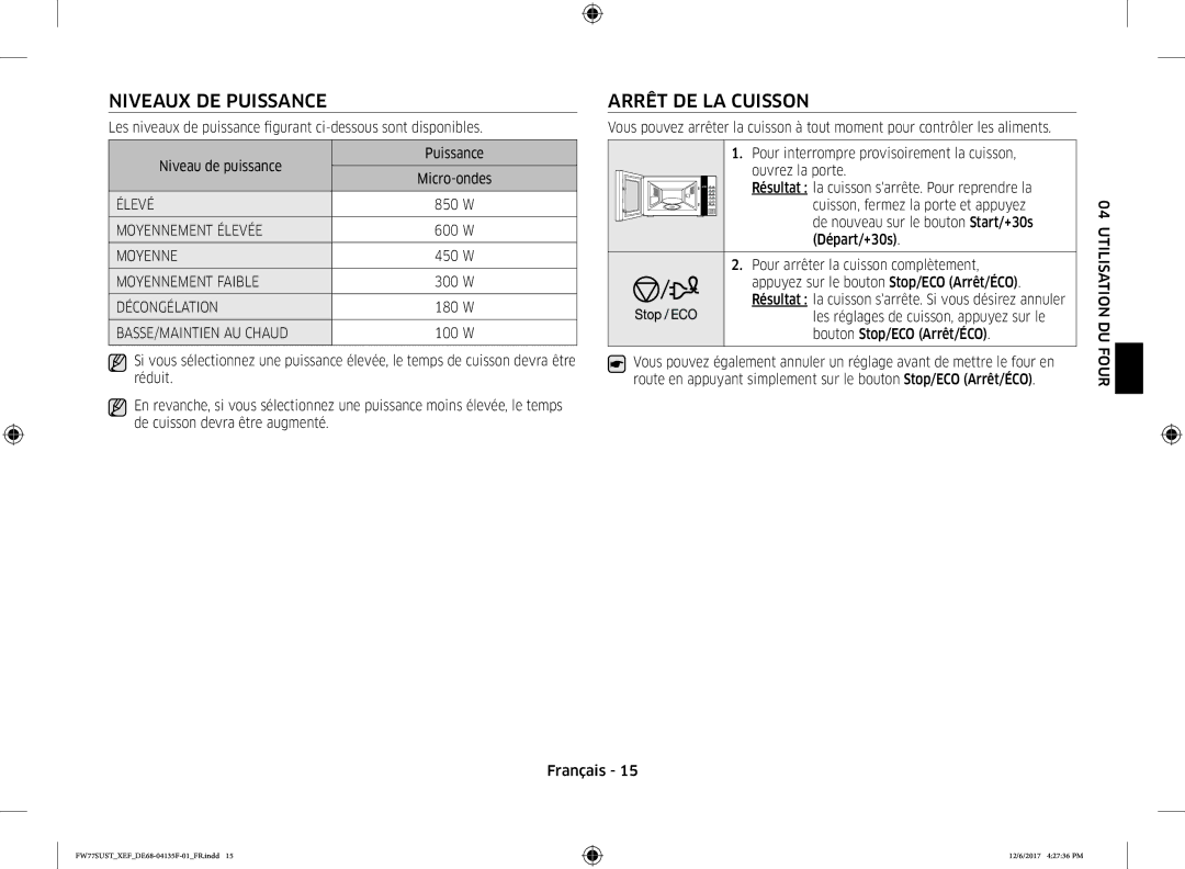 Samsung FW77SUB/XEF, FW77SUST/XEF manual Niveaux DE Puissance, Arrêt DE LA Cuisson 