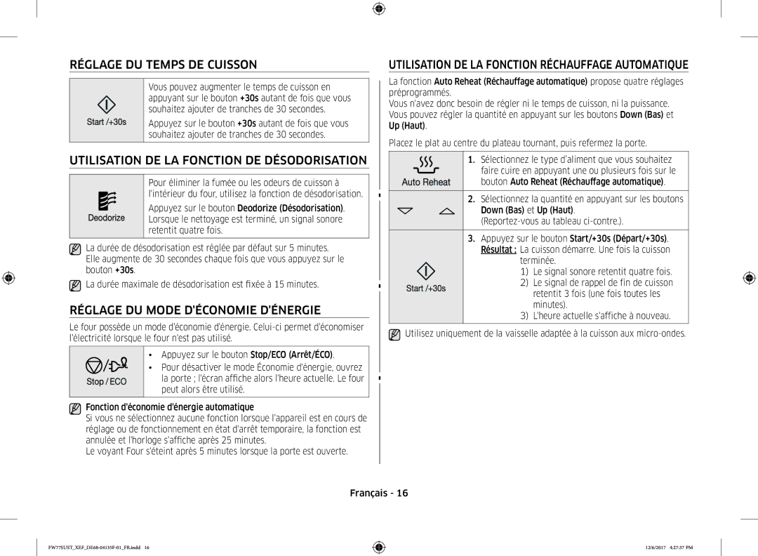 Samsung FW77SUST/XEF, FW77SUB/XEF manual Réglage DU Temps DE Cuisson, Utilisation DE LA Fonction DE Désodorisation 