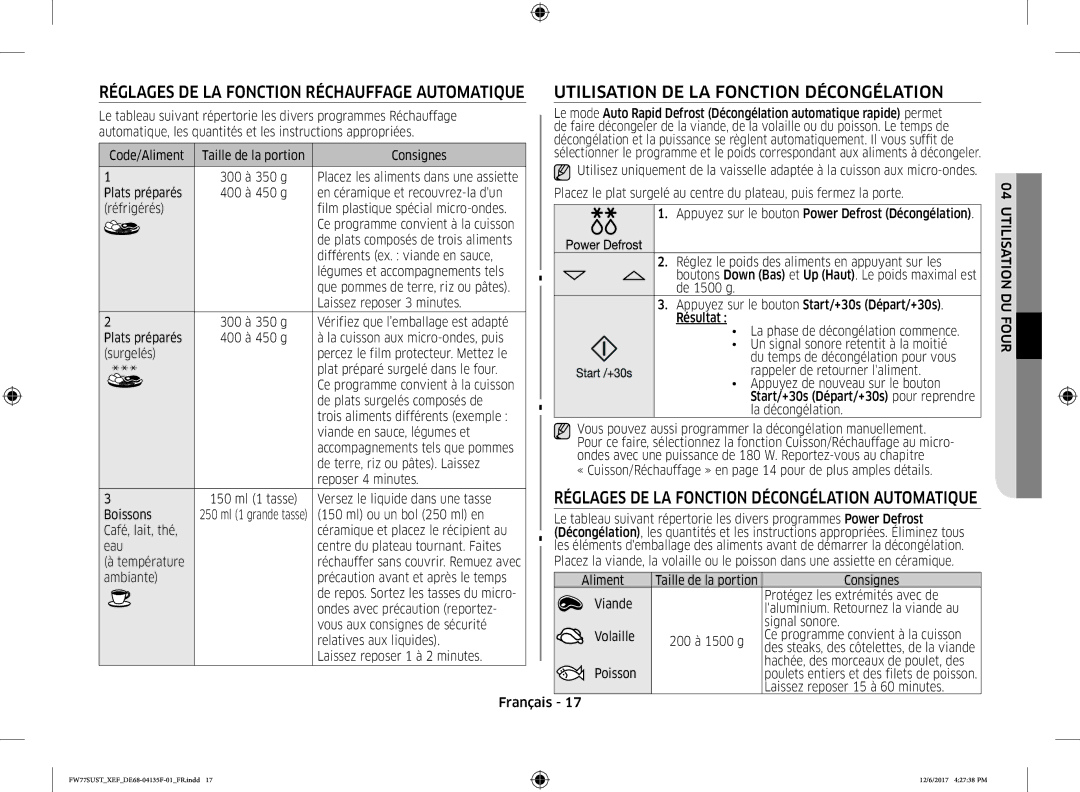 Samsung FW77SUB/XEF manual Utilisation DE LA Fonction Décongélation, Réglages DE LA Fonction Décongélation Automatique 