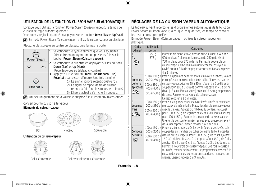 Samsung FW77SUST/XEF Réglages DE LA Cuisson Vapeur Automatique, Utilisation DE LA Fonction Cuisson Vapeur Automatique 