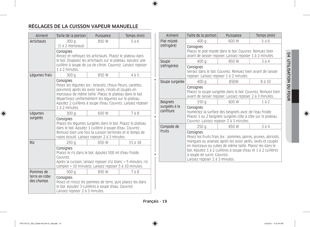 Samsung FW77SUB/XEF, FW77SUST/XEF manual Réglages DE LA Cuisson Vapeur Manuelle 