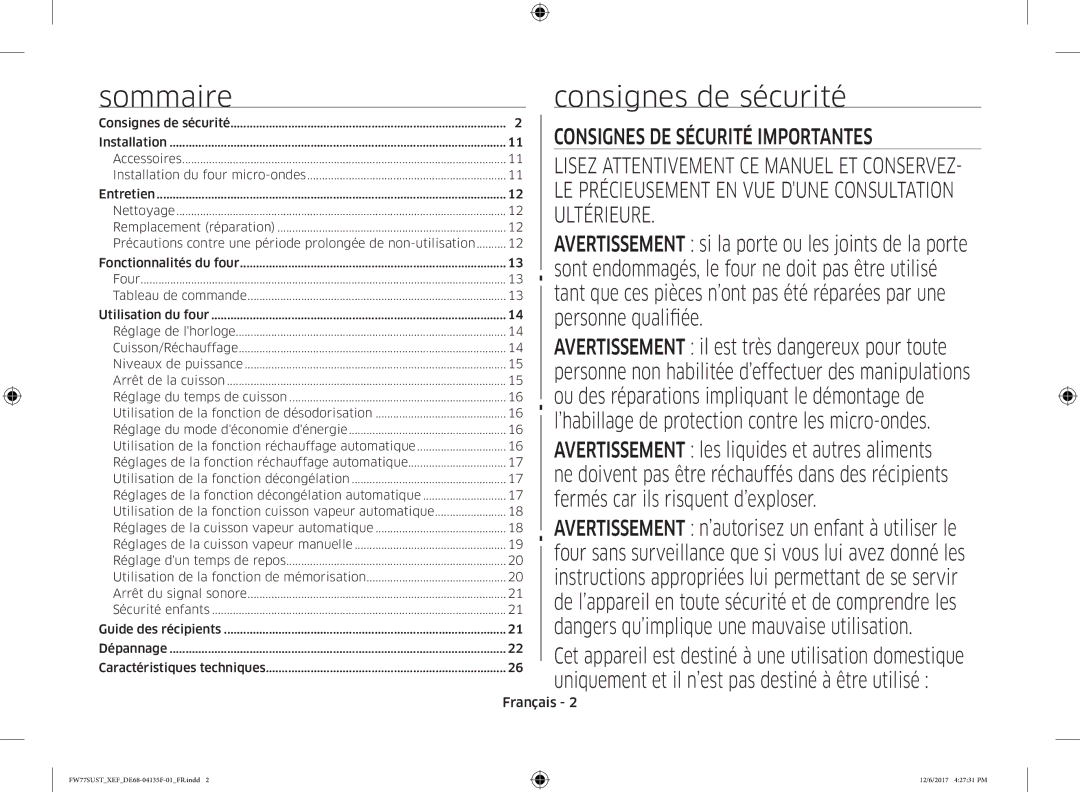 Samsung FW77SUST/XEF, FW77SUB/XEF manual Sommaire, Consignes de sécurité, Français 