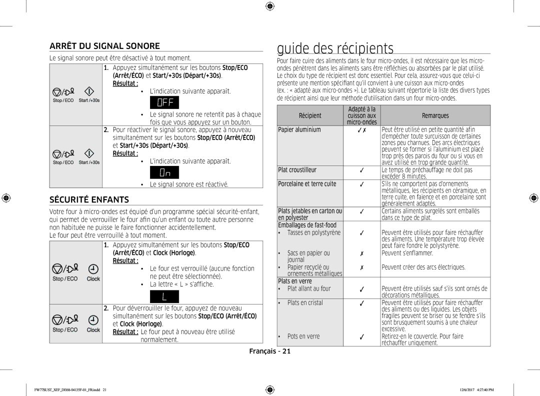 Samsung FW77SUB/XEF, FW77SUST/XEF Guide des récipients, Arrêt DU Signal Sonore, Sécurité Enfants, Guide DES Récipients 