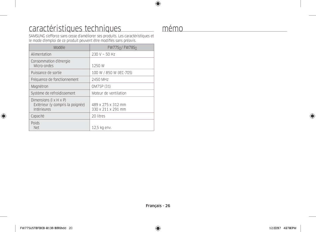 Samsung FW77SUST/XEF, FW77SUB/XEF manual Caractéristiques techniques Mémo 