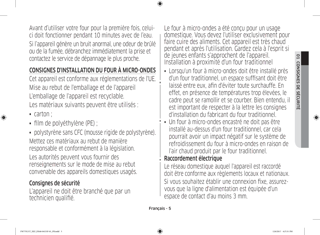 Samsung FW77SUB/XEF, FW77SUST/XEF manual Raccordement électrique, Consignes Dinstallation DU Four À MICRO-ONDES 