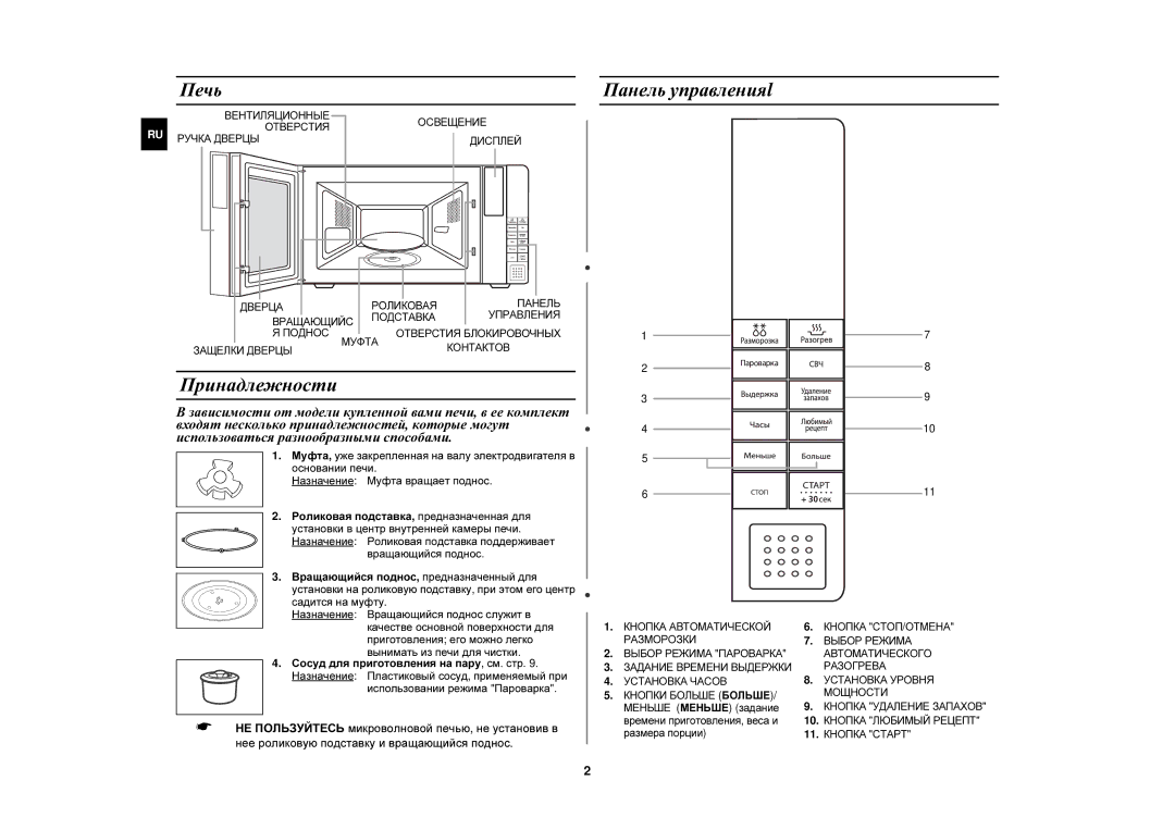 Samsung FW87KSTR/BWT manual Печь, Панель управленияl, Принадлежности, Сосуд для приготовления на пару, см. стр 