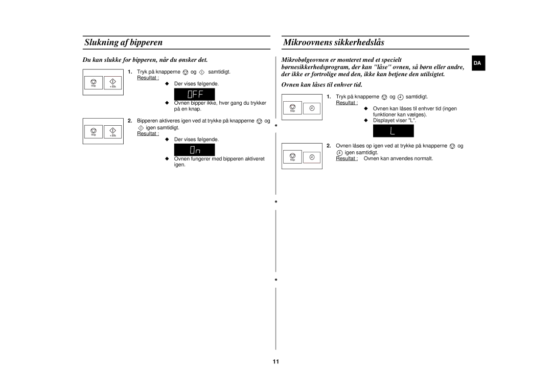 Samsung FW87KUST/XEE manual Slukning af bipperen Mikroovnens sikkerhedslås, Du kan slukke for bipperen, når du ønsker det 