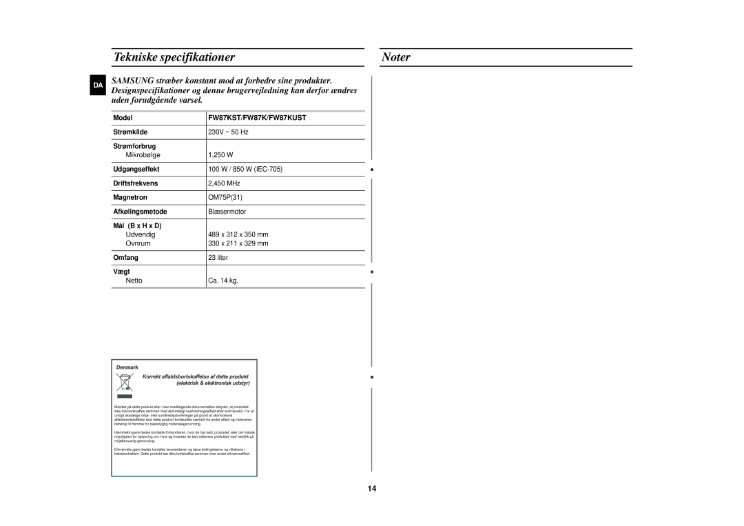 Samsung FW87KUST/XEE manual Tekniske specifikationer 