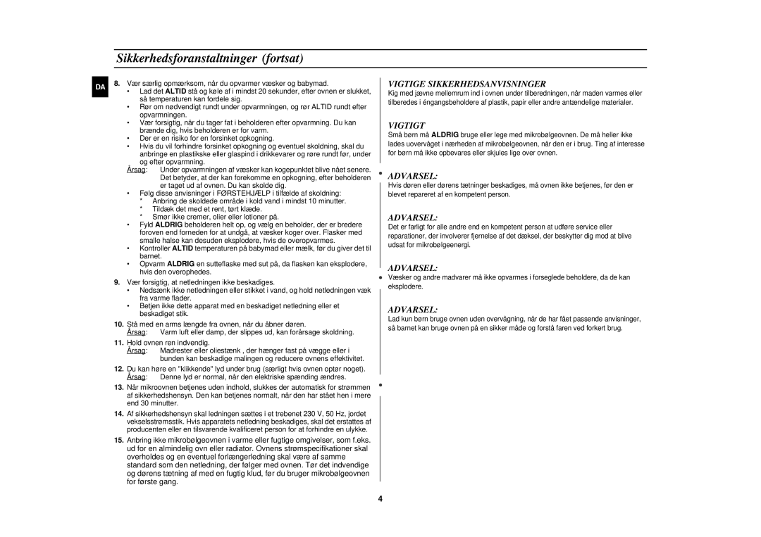 Samsung FW87KUST/XEE manual Sikkerhedsforanstaltninger fortsat, Vigtige Sikkerhedsanvisninger 