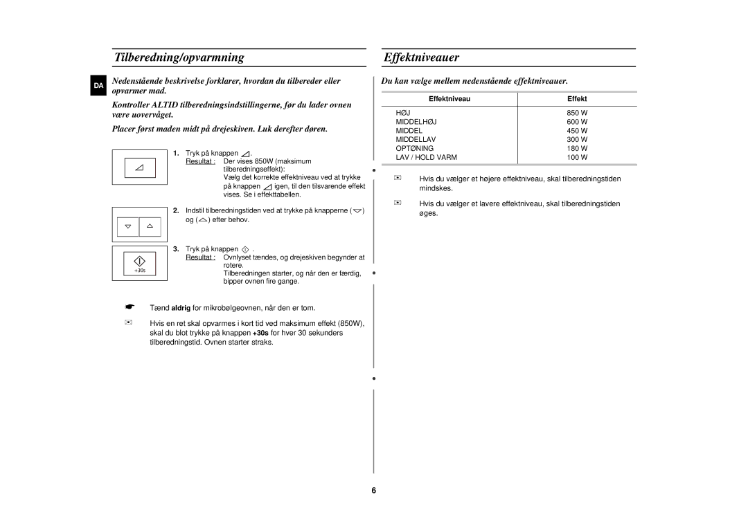 Samsung FW87KUST/XEE manual Tilberedning/opvarmningEffektniveauer 