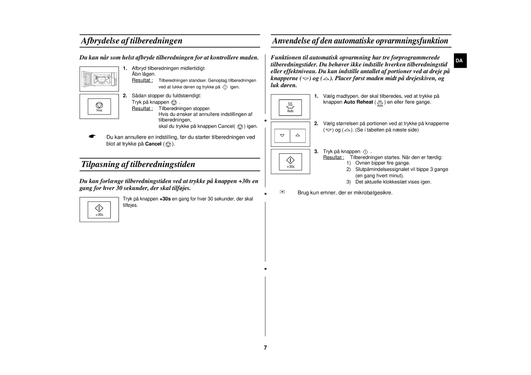 Samsung FW87KUST/XEE manual Afbrydelse af tilberedningen, Tilpasning af tilberedningstiden 