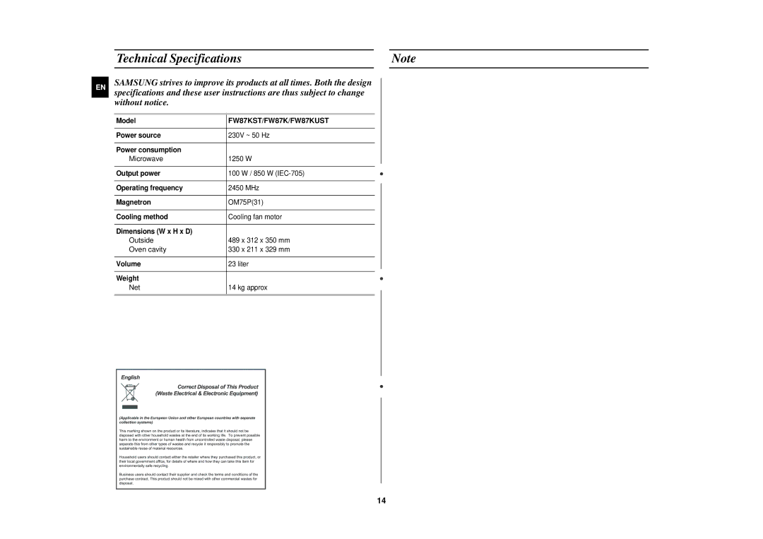 Samsung FW87KUST/XEE manual Technical Specifications, FW87KST/FW87K/FW87KUST 