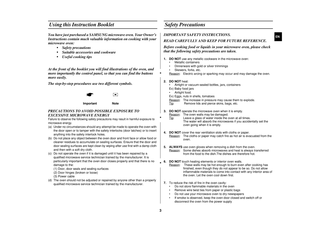 Samsung FW87KUST/XEE manual Using this Instruction Booklet, Safety Precautions, Important Note, Do not heat 