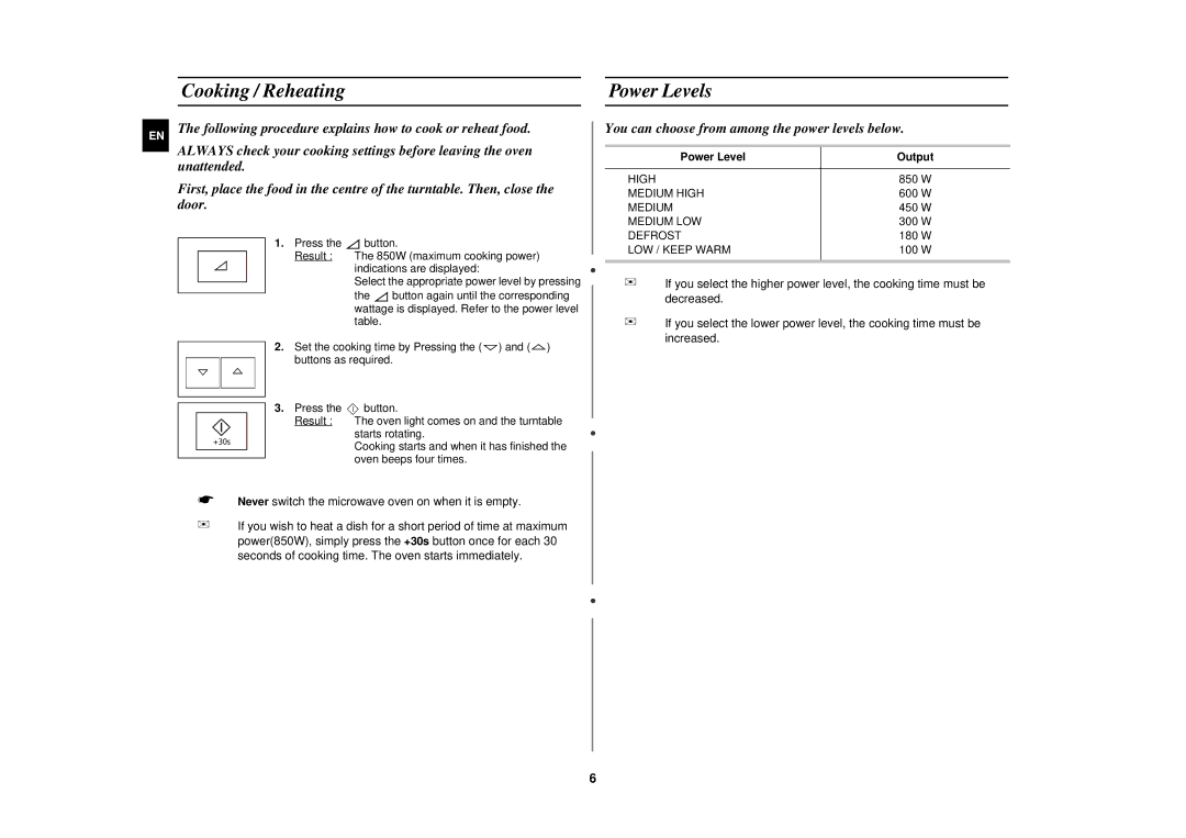 Samsung FW87KUST/XEE manual Cooking / Reheating Power Levels, You can choose from among the power levels below 