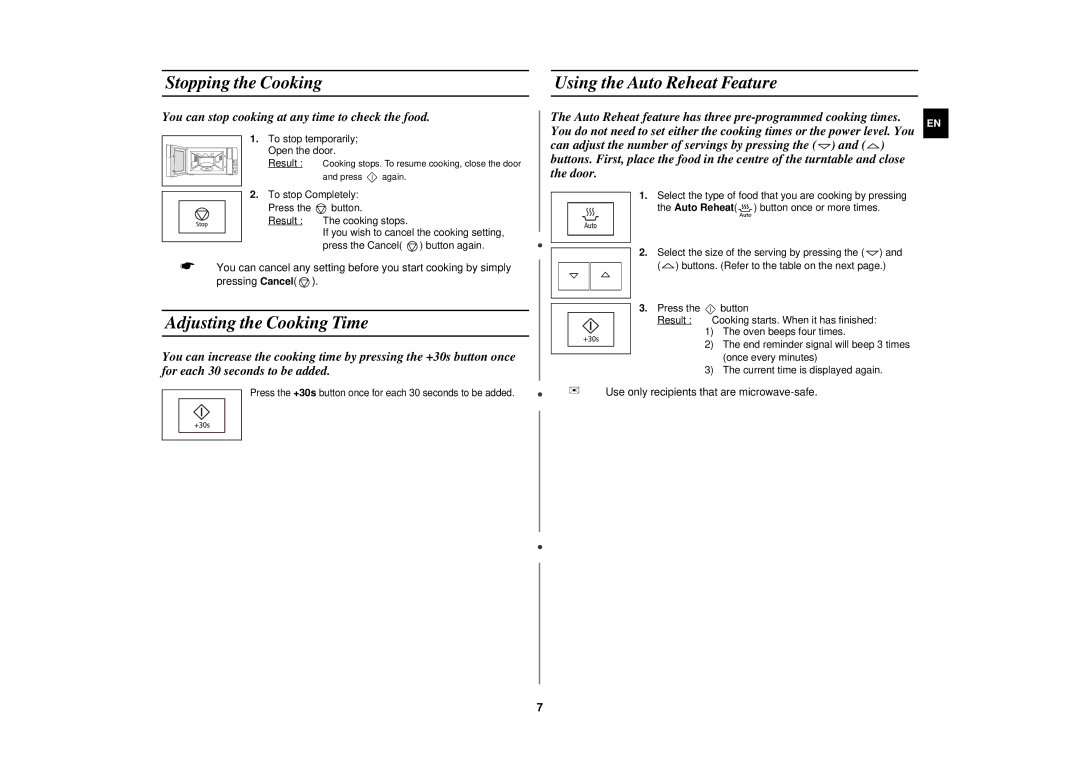 Samsung FW87KUST/XEE manual Stopping the Cooking, Adjusting the Cooking Time, Using the Auto Reheat Feature 