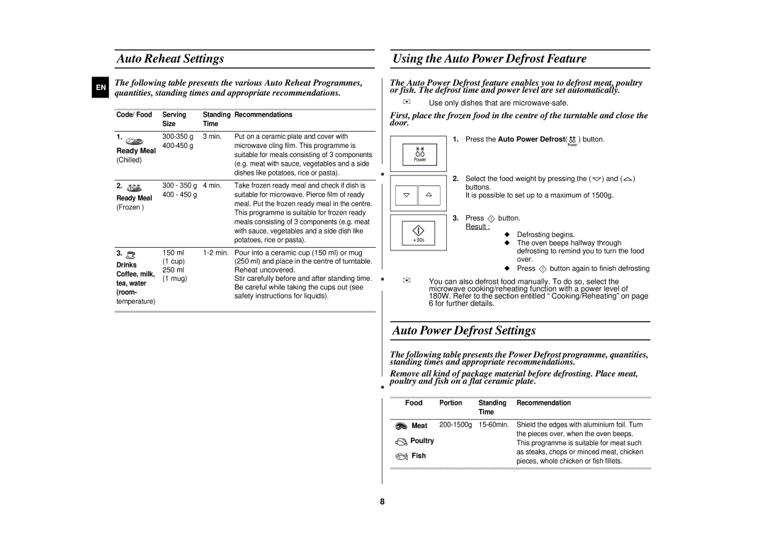 Samsung FW87KUST/XEE manual Auto Reheat Settings, Using the Auto Power Defrost Feature, Auto Power Defrost Settings 