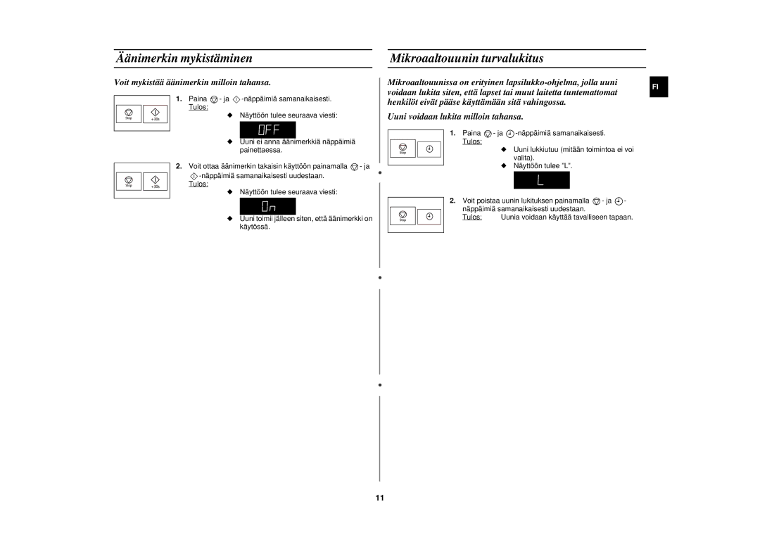 Samsung FW87KUST/XEE manual Äänimerkin mykistäminen Mikroaaltouunin turvalukitus, Voit mykistää äänimerkin milloin tahansa 