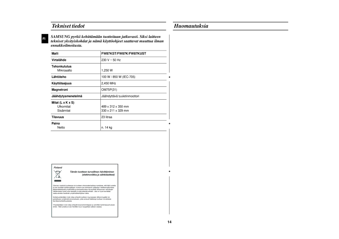 Samsung FW87KUST/XEE manual Tekniset tiedotHuomautuksia, FW87KST/FW87K/FW87KUST 