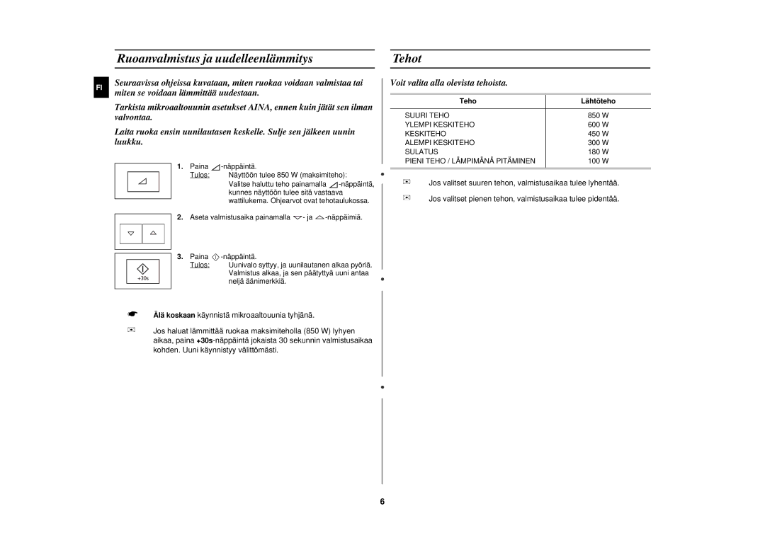 Samsung FW87KUST/XEE manual Ruoanvalmistus ja uudelleenlämmitys Tehot, Teho Lähtöteho 