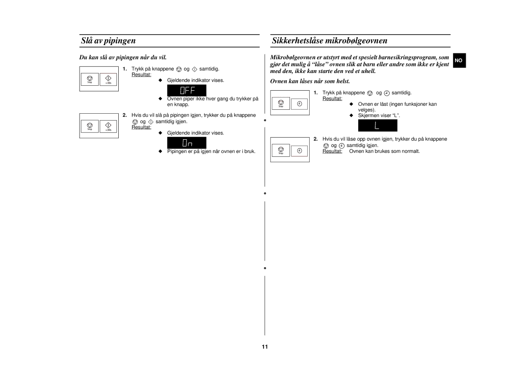 Samsung FW87KUST/XEE manual Slå av pipingen, Sikkerhetslåse mikrobølgeovnen, Du kan slå av pipingen når du vil 