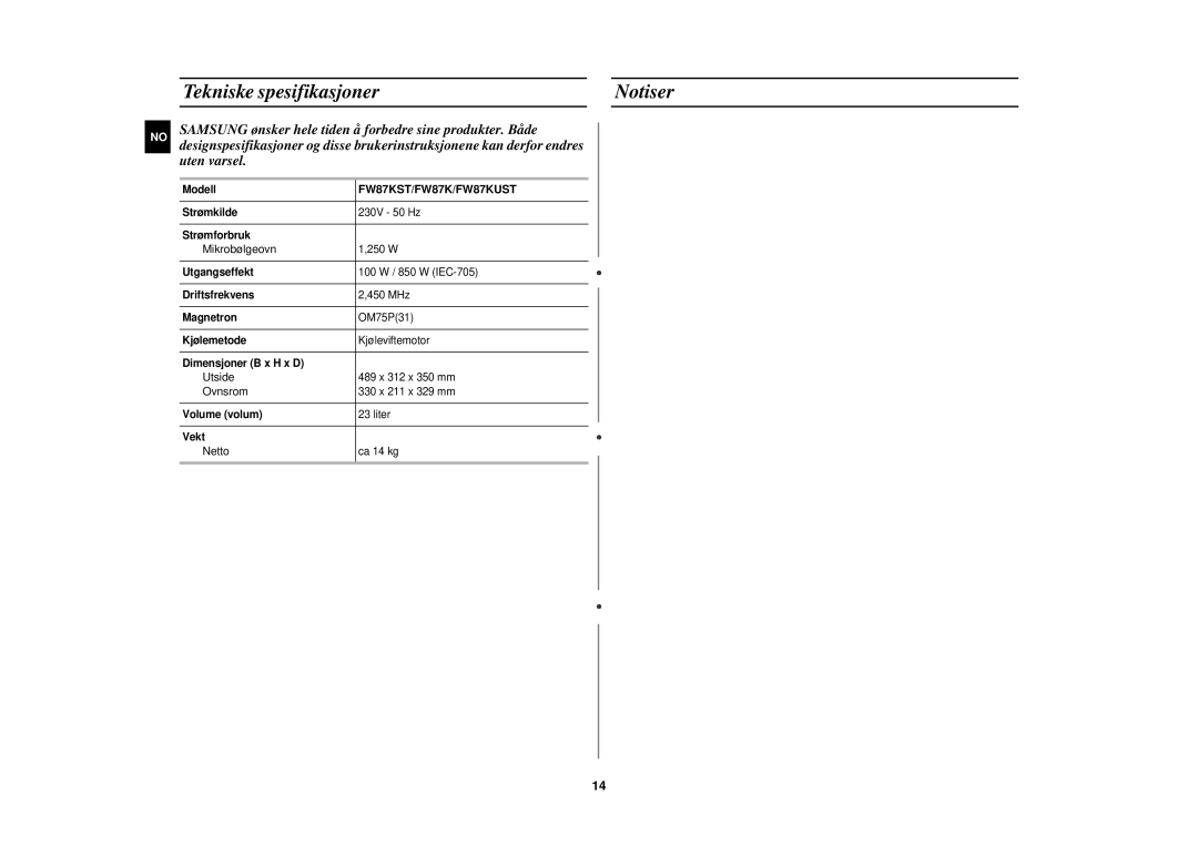 Samsung FW87KUST/XEE manual Tekniske spesifikasjoner Notiser, FW87KST/FW87K/FW87KUST 