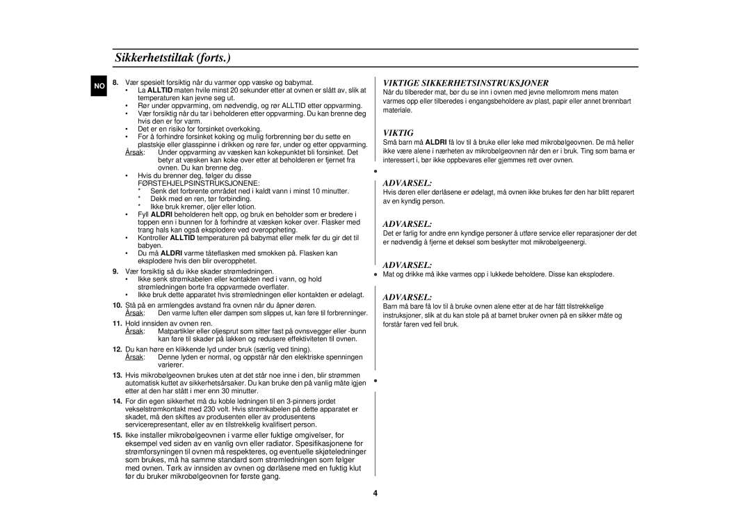 Samsung FW87KUST/XEE manual Sikkerhetstiltak forts, Førstehjelpsinstruksjonene 