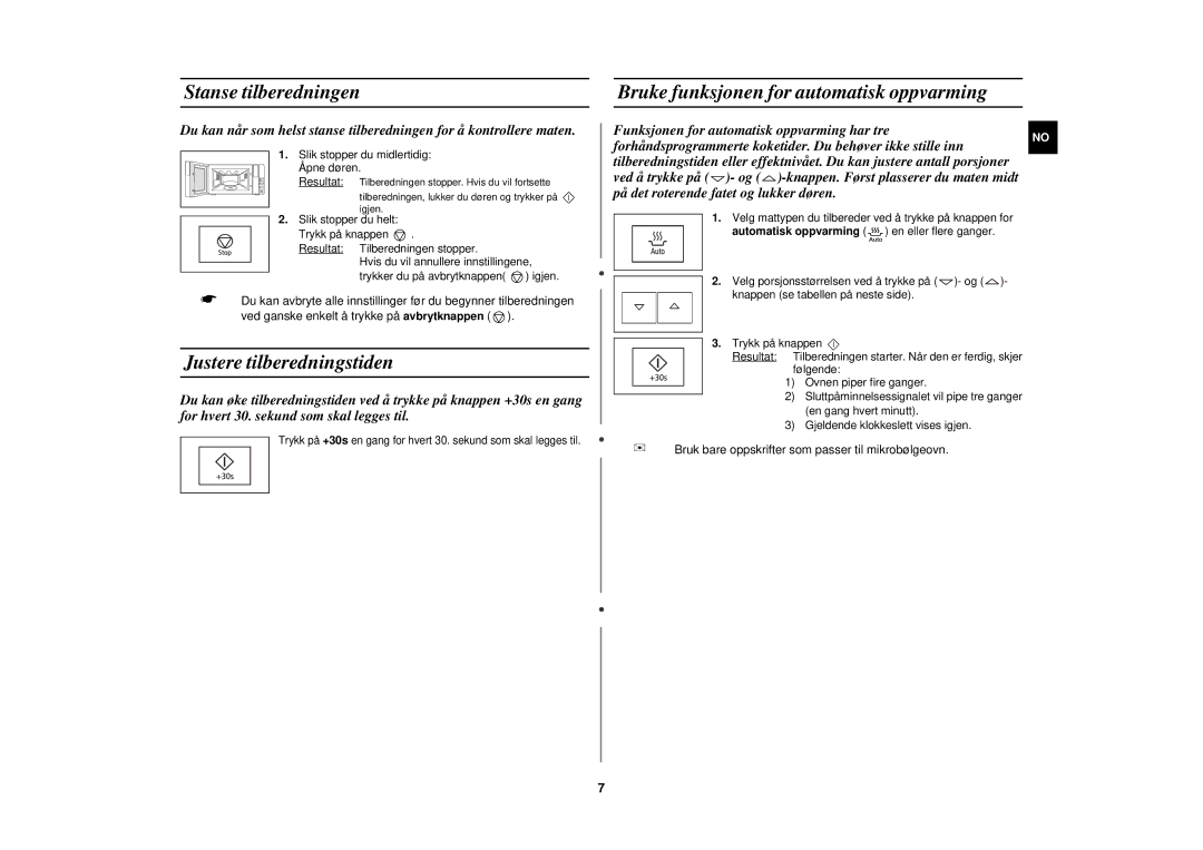 Samsung FW87KUST/XEE manual Stanse tilberedningen, Justere tilberedningstiden, Bruke funksjonen for automatisk oppvarming 