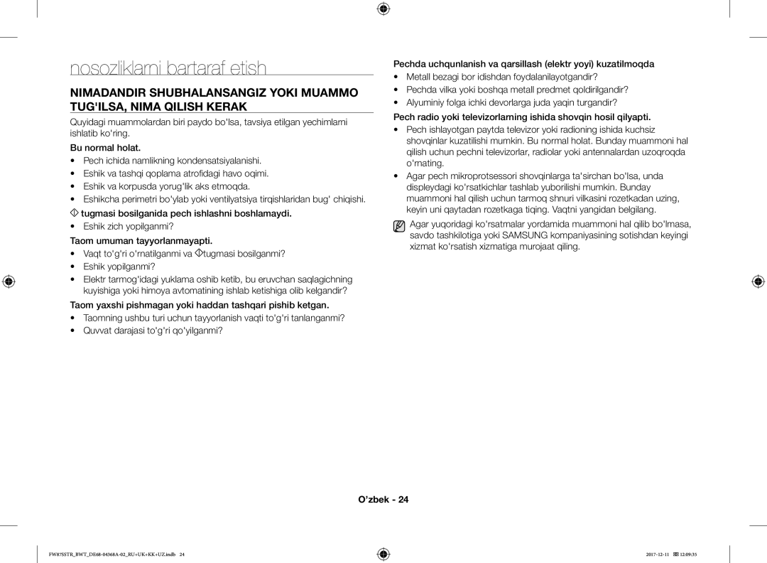 Samsung FW87SBTR/BW, FW87SR-B/BWT, FW77SR-B/BWT, FW87SSTR/BWT, FW87SR-W/BWT manual Nosozliklarni bartaraf etish 